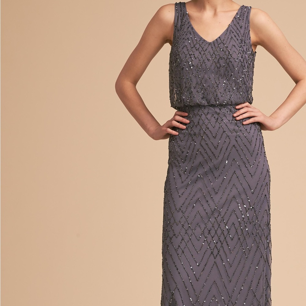 BHLDN Sleeveless V-Neck Beaded Maxi Dress in Charcoal Gray